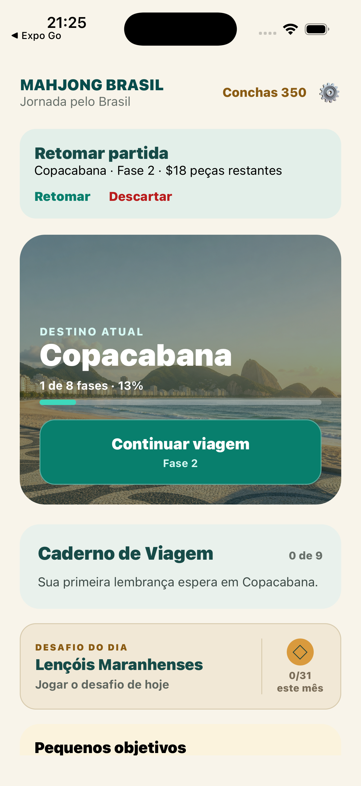 Tela inicial do Mahjong Brasil mostrando a jornada por Copacabana